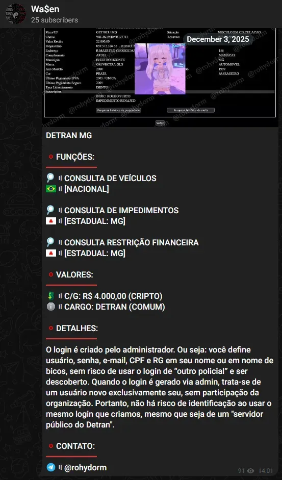 Midia22 selling DETRAN personalized access on Wa$en Telegram